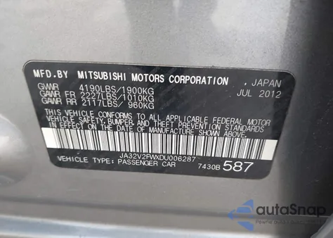 2013 Mitsubishi Lancer Se z USA, uszkodzony, nr VIN JA32V2FWXDU006287